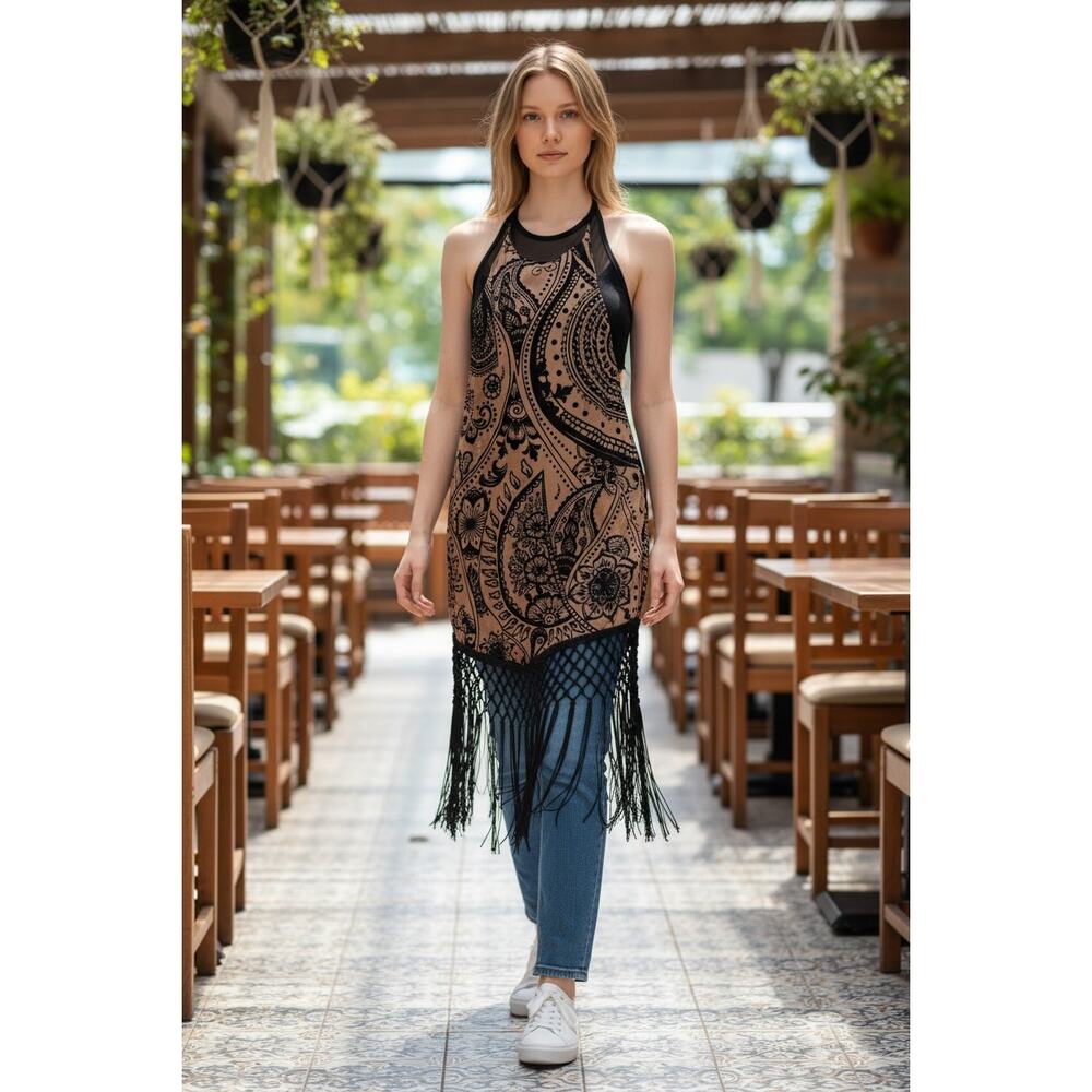 2/$30 ROMWE Goth Top Size L Retro Floral Flocked Tassel Halter Sexy Vacation